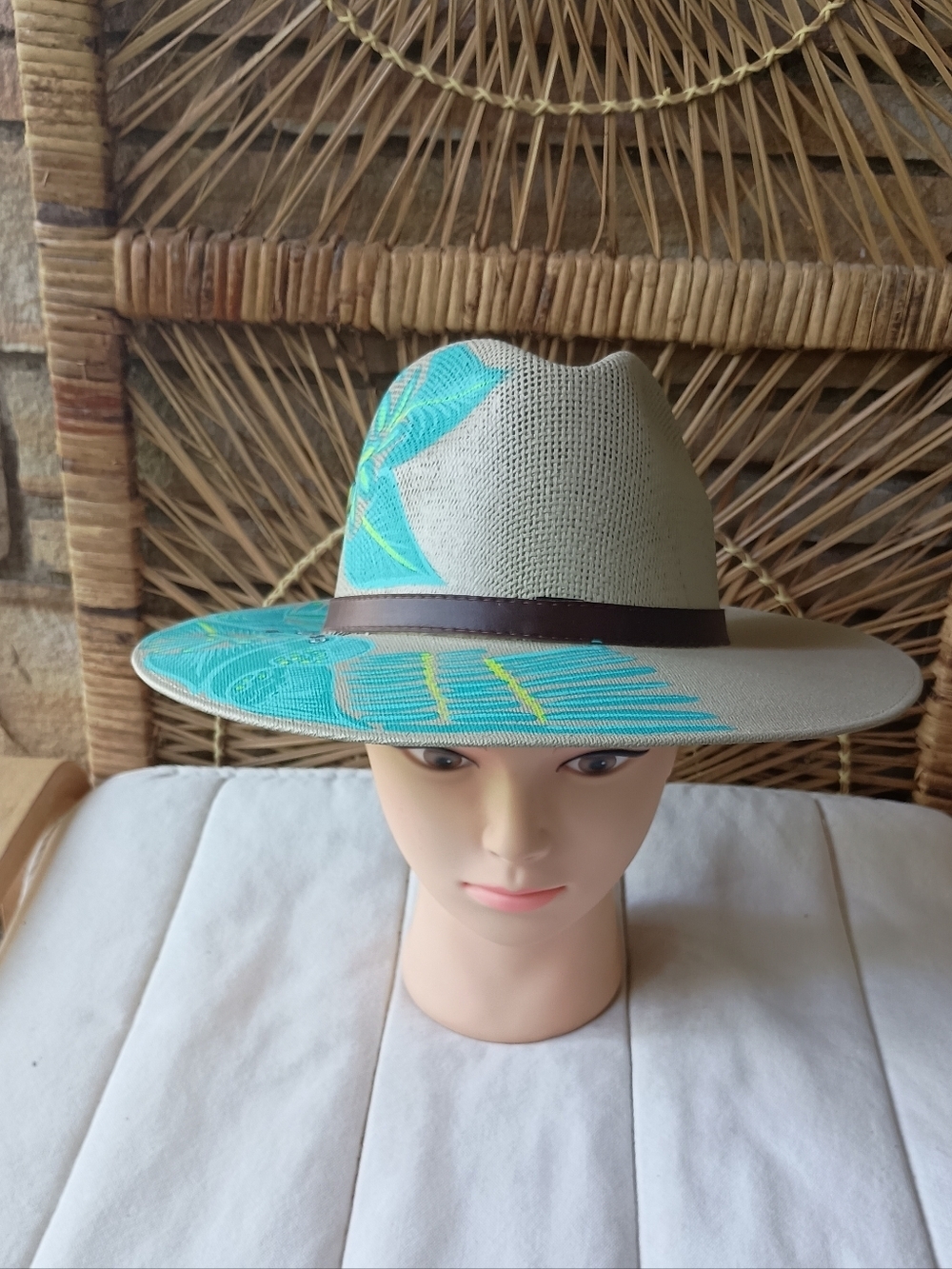 Embellished Wide-Brim Hand Painted Straw Hat with Teal Feather Design_M